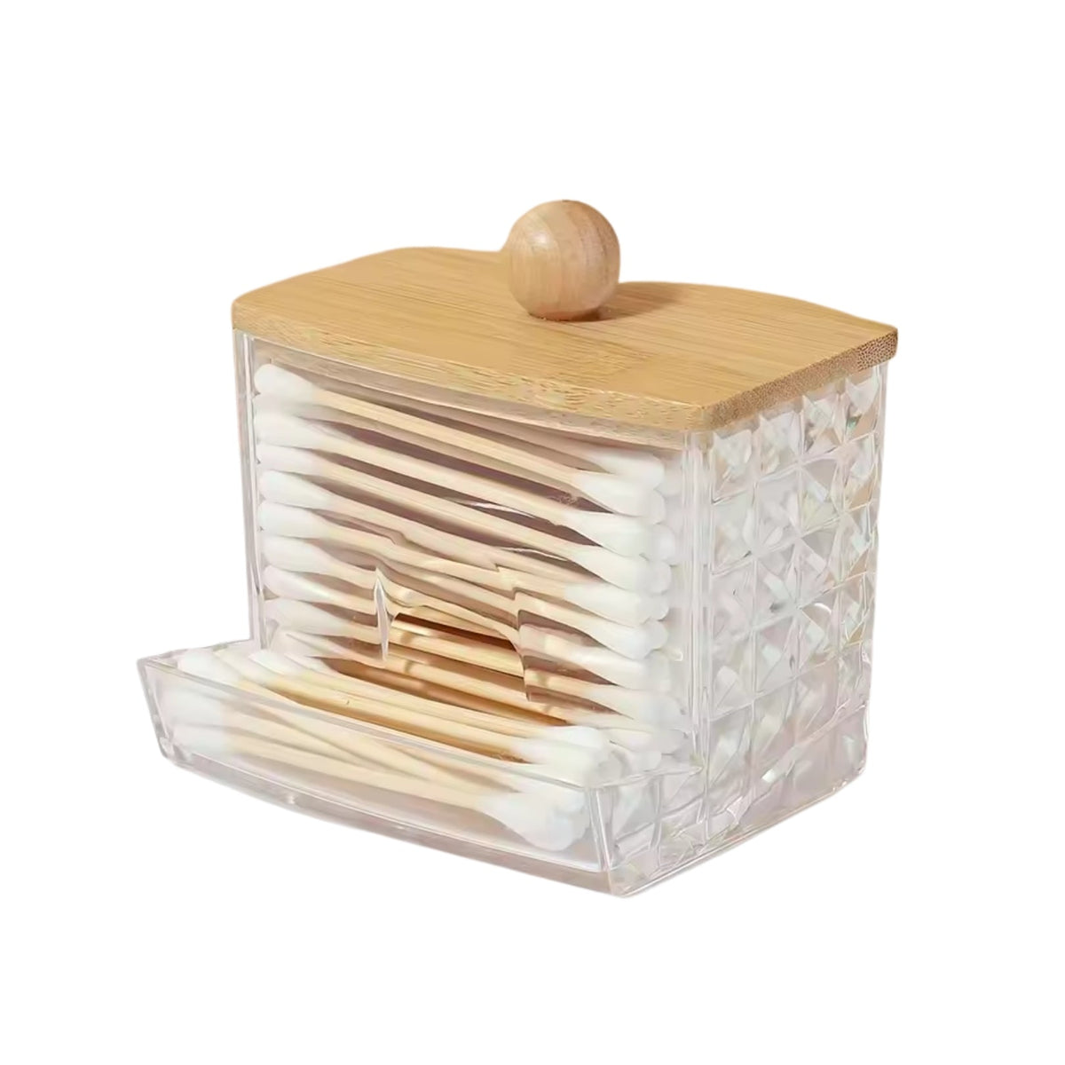 Vatpindebeholder i klar plast med bambuslåg – 9 × 7,2 × 9 cm