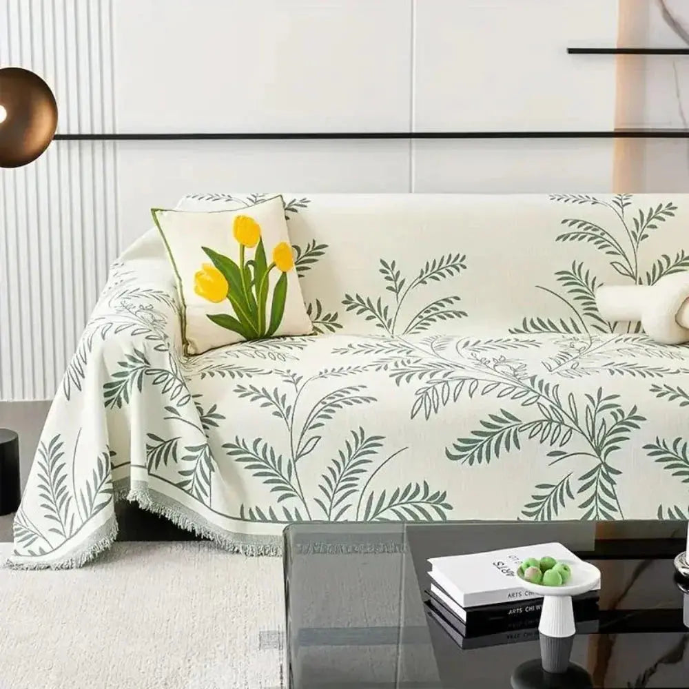 Sofaoverkast i chenille med jacquardvævede blade