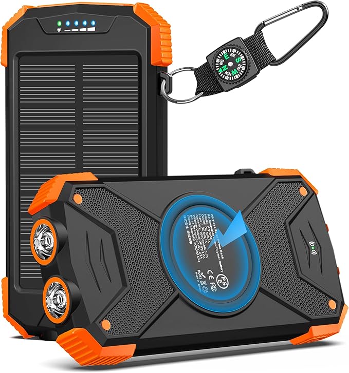 Solcellepowerbank med IPX4-vandbeskyttelse og karabinhage
