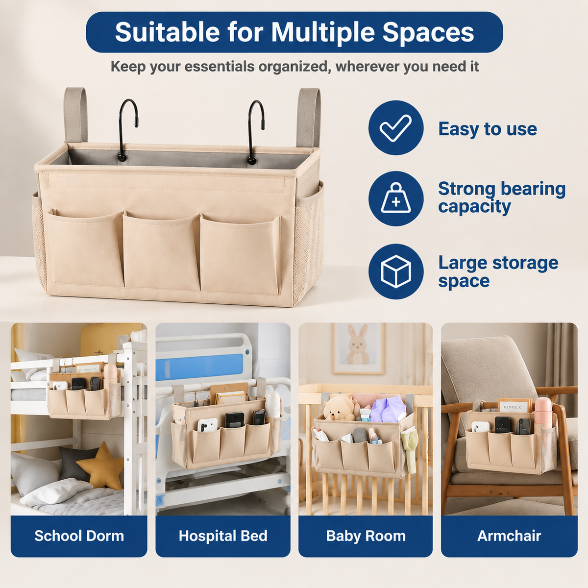 Sengelomme i kanvas med 5 lommer og 2 kroge – 37 × 12 × 20 cm