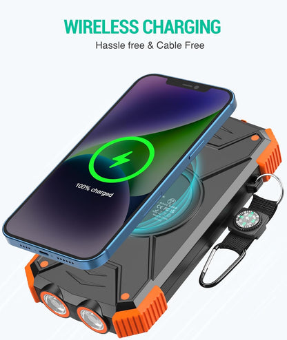 Solcellepowerbank med IPX4-vandbeskyttelse og karabinhage