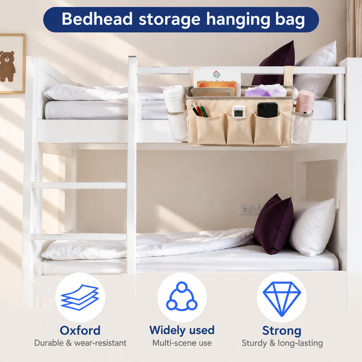 Sengelomme i kanvas med 5 lommer og 2 kroge – 37 × 12 × 20 cm