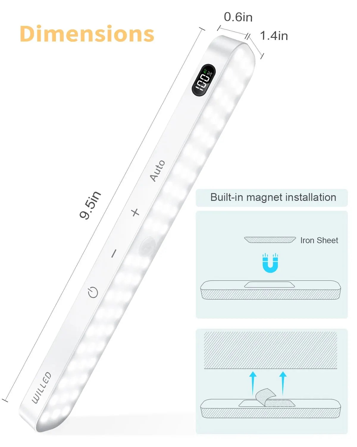 Genopladelig LED-lyslist med bevægelsessensor og batteridisplay