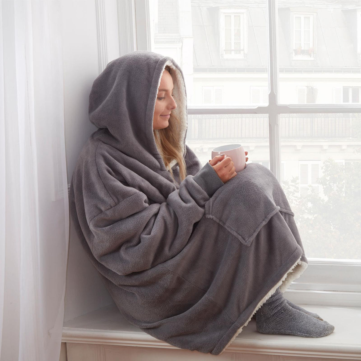 Oversized hoodie-tæppe med blødt sherpa-for – produktbillede 21