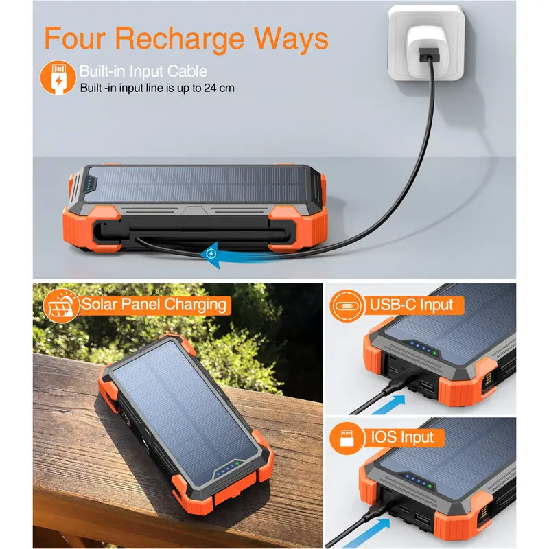 Solcellepowerbank med IPX4-vandbeskyttelse og karabinhage