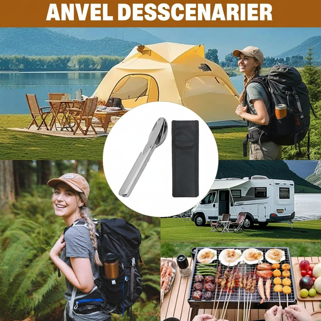 Foldbart 4-i-1 campingbestik i rustfrit stål – produktbillede 2