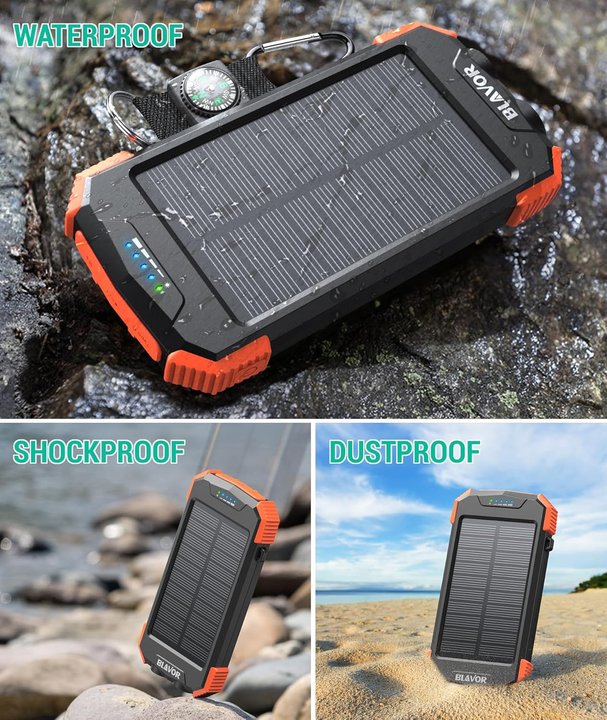 Solcellepowerbank med IPX4-vandbeskyttelse og karabinhage
