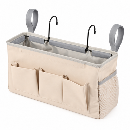 Sengelomme i kanvas med 5 lommer og 2 kroge – 37 × 12 × 20 cm