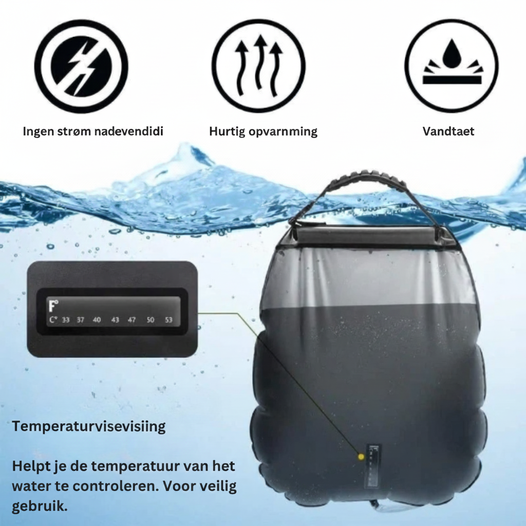 Solopvarmet campingbruser med 20 liters vandpose – produktbillede 2