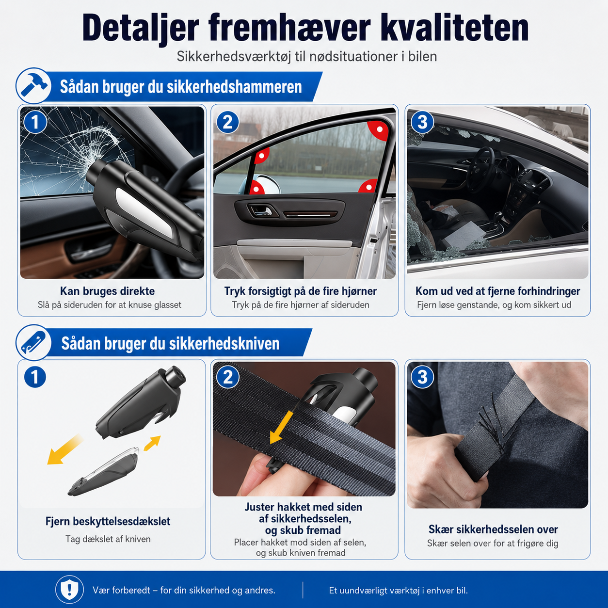 Kompakt nødhammer til bil - rude og selesnitter