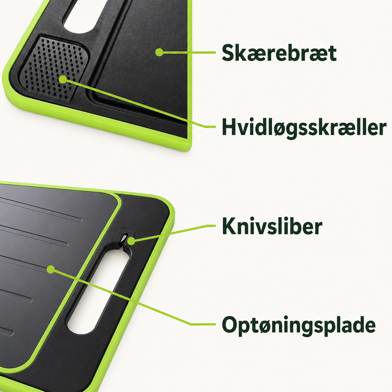 4-i-1 skærebræt med optøningsbakke, rivejern og knivsliber