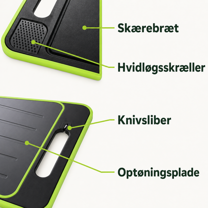 4-i-1 skærebræt med optøningsbakke, rivejern og knivsliber