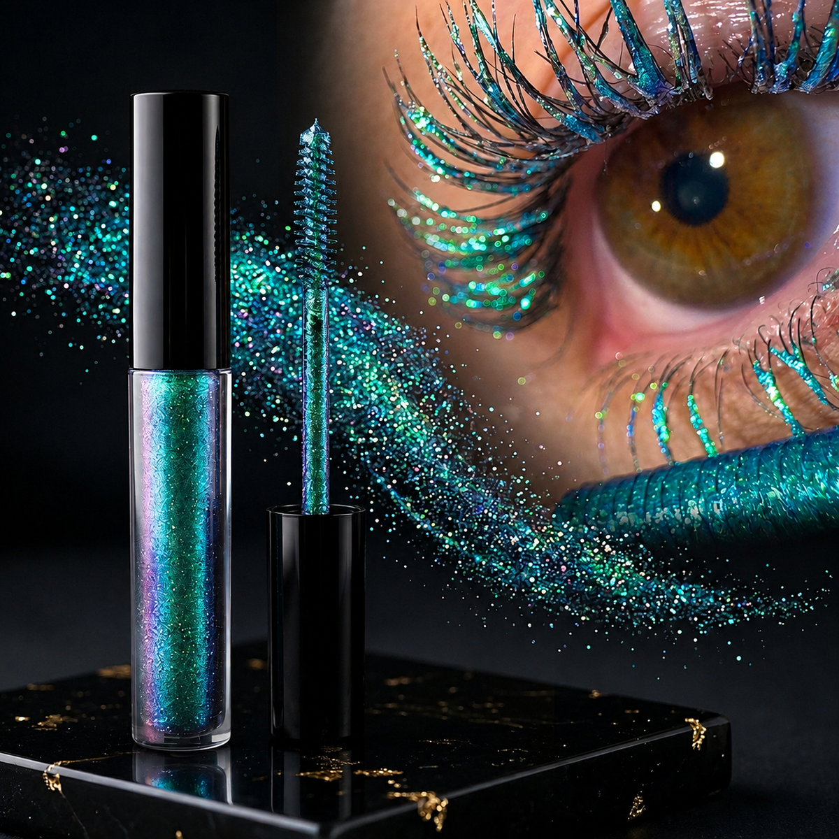 Multikrom mascaraoverlak med glimmer og farvegradient