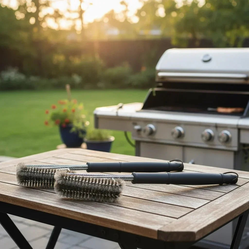 Grillristrensebørste i rustfrit stål med skridsikkert greb