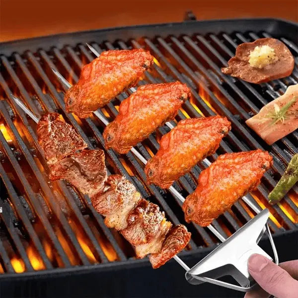 Dobbelt grillspyd i rustfrit stål med skydeskraber