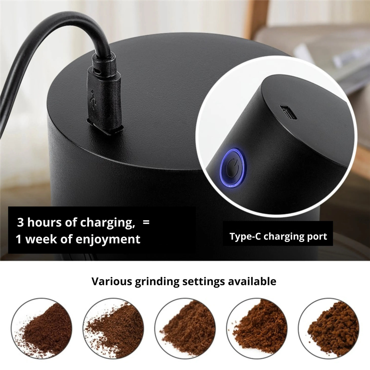 Genopladelig elektrisk kaffekværn med justerbar formalingsgrad