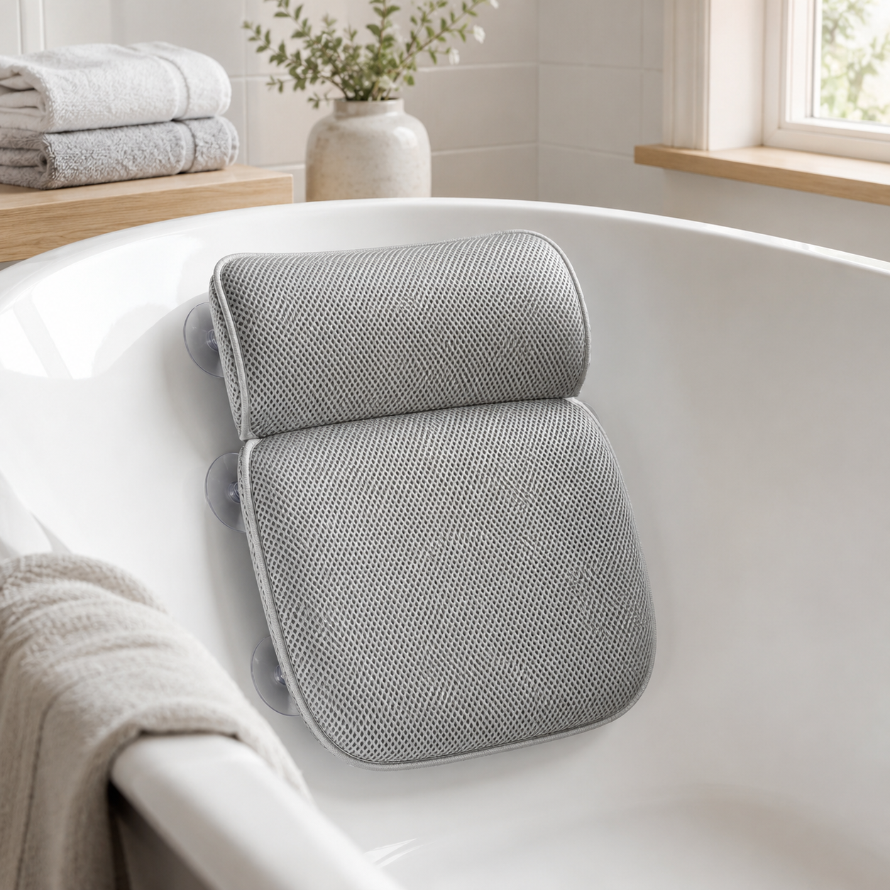 Ergonomisk badepude i 3D-mesh med seks sugekopper til badekar