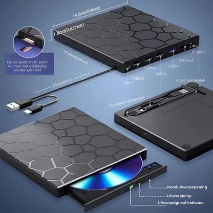 Eksternt CD/DVD-drev med USB-C-hub og SD-kortlæser