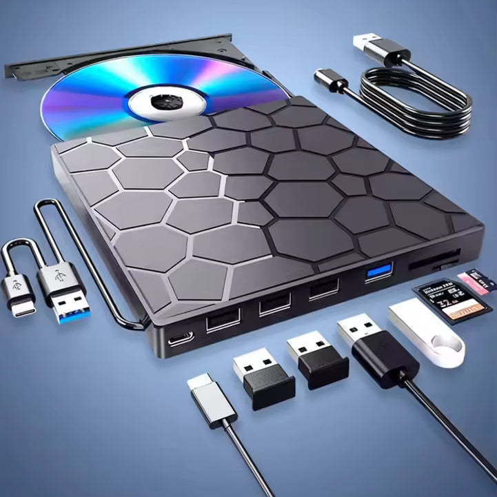 Eksternt CD/DVD-drev med USB-C-hub og SD-kortlæser
