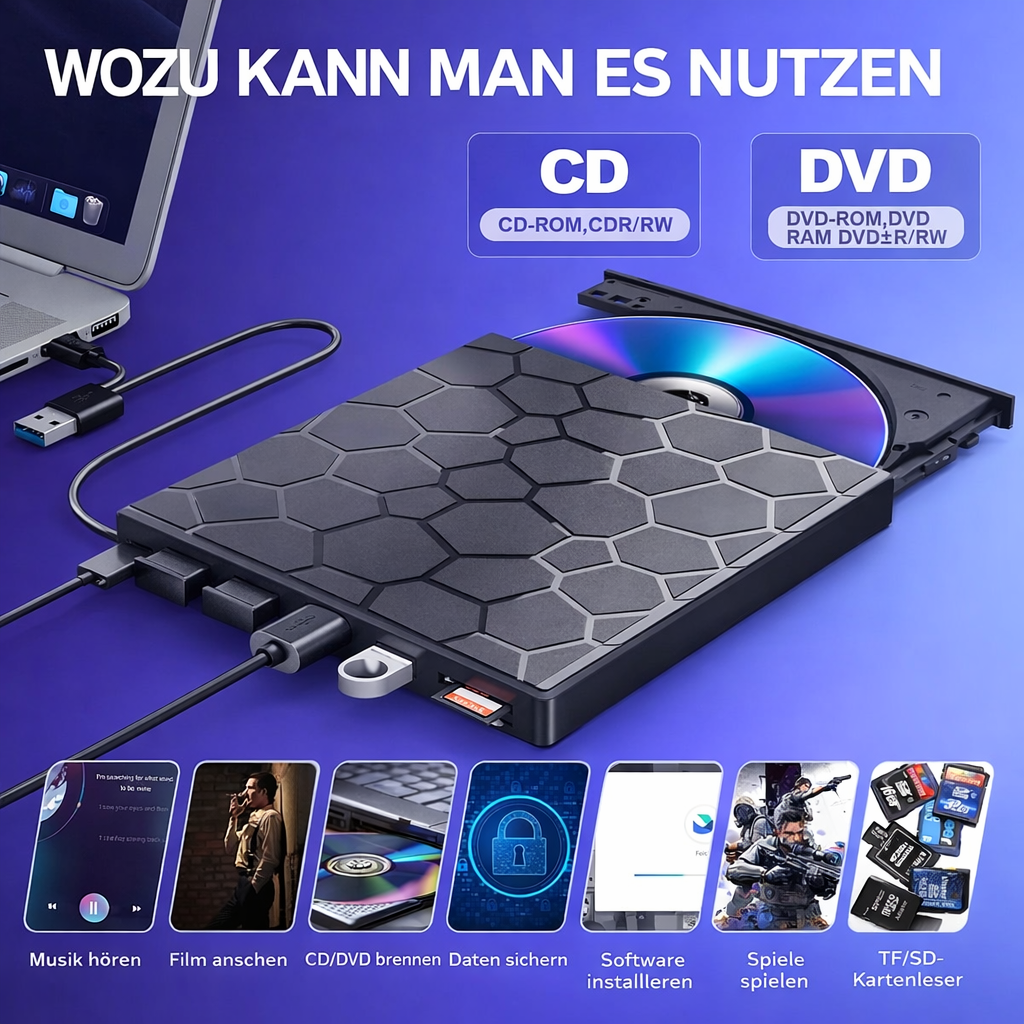 Eksternt CD/DVD-drev med USB-C-hub og SD-kortlæser