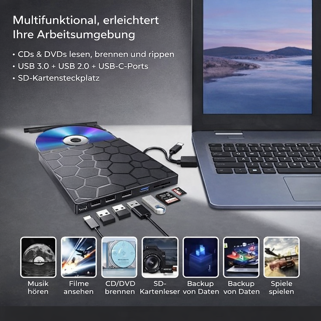 Eksternt CD/DVD-drev med USB-C-hub og SD-kortlæser