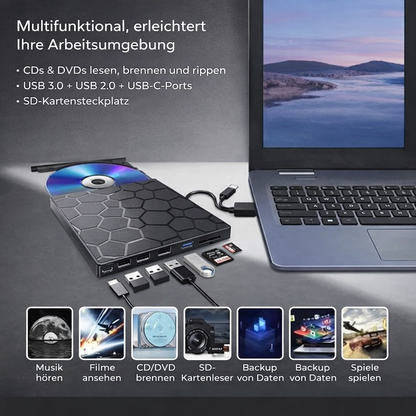 Eksternt CD/DVD-drev med USB-C-hub og SD-kortlæser