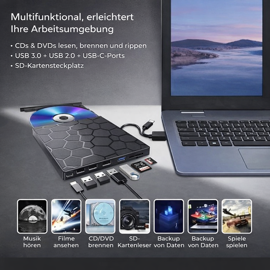 Eksternt CD/DVD-drev med USB-C-hub og SD-kortlæser