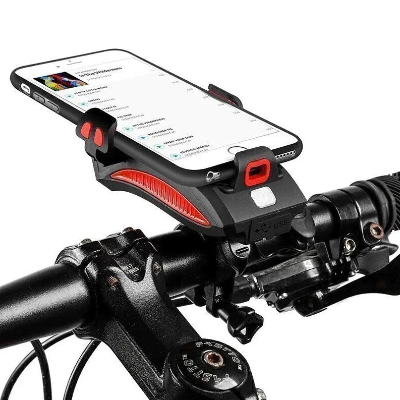 LED-cykellygte med telefonholder, powerbank og horn