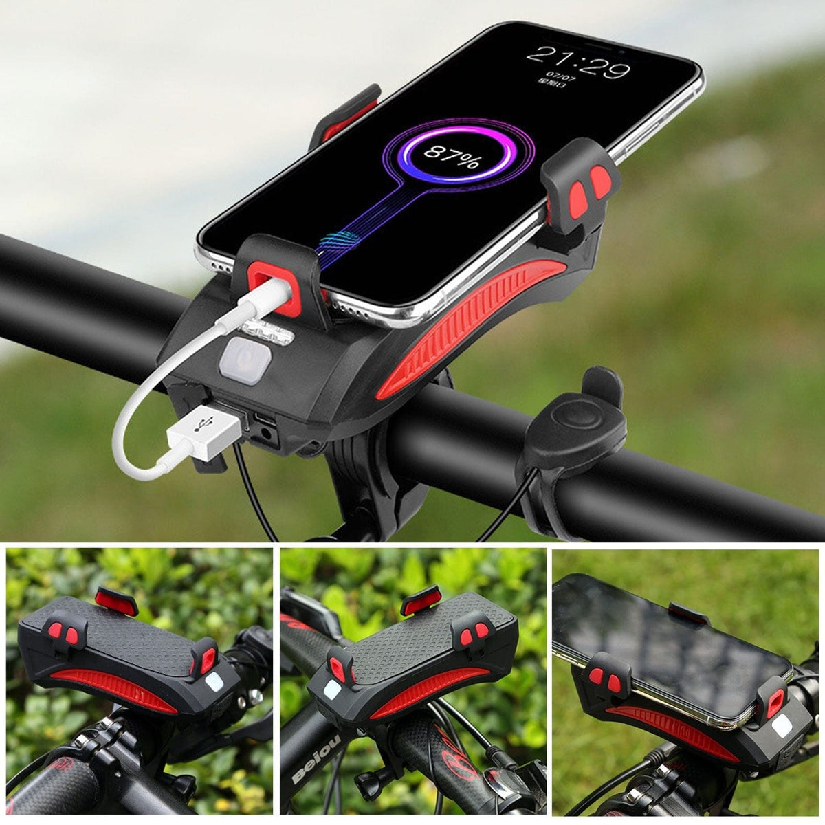 LED-cykellygte med telefonholder, powerbank og horn