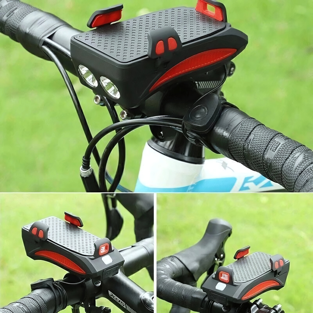 LED-cykellygte med telefonholder, powerbank og horn