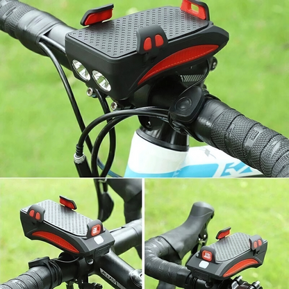 LED-cykellygte med telefonholder, powerbank og horn