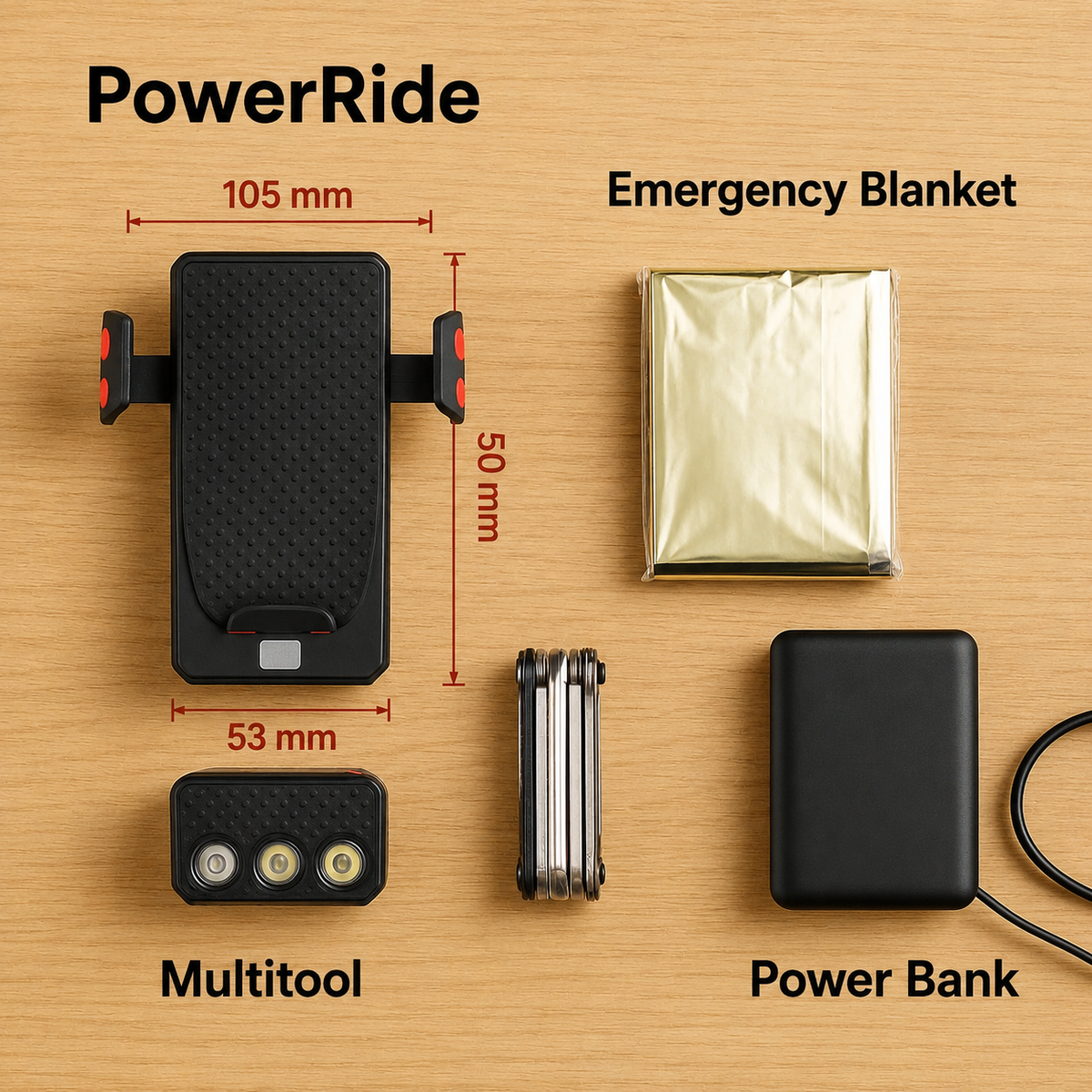 LED-cykellygte med telefonholder, powerbank og horn