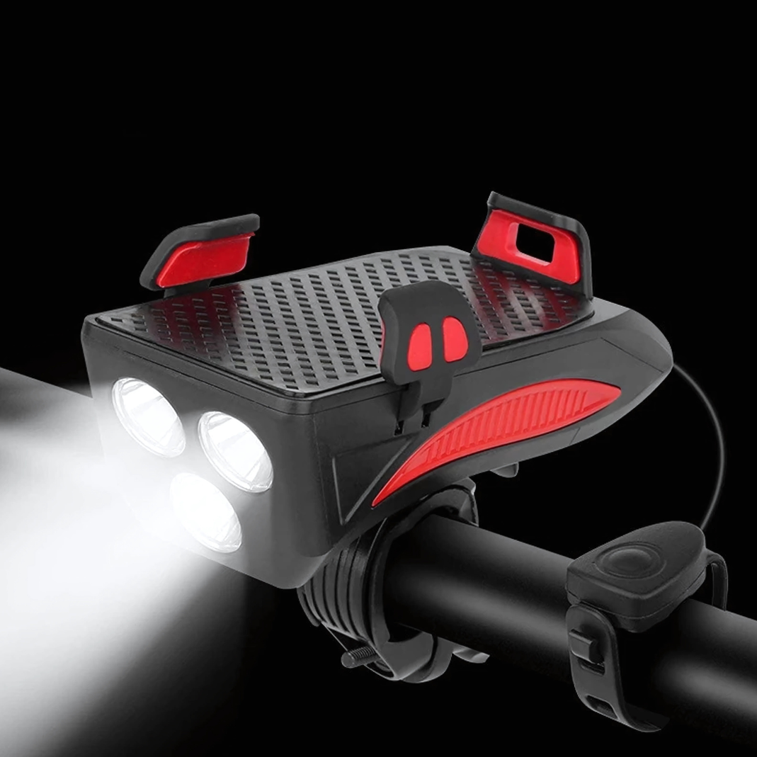 LED-cykellygte med telefonholder, powerbank og horn