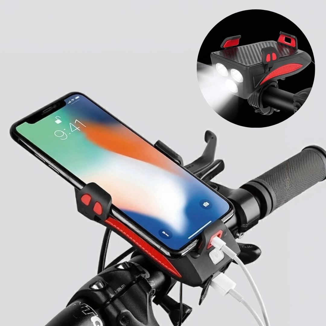 LED-cykellygte med telefonholder, powerbank og horn