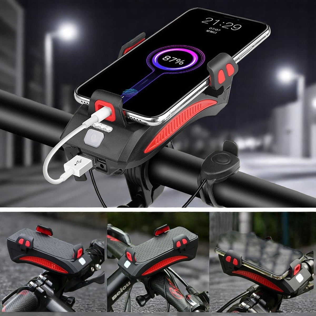 LED-cykellygte med telefonholder, powerbank og horn