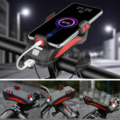 LED-cykellygte med telefonholder, powerbank og horn