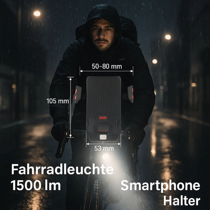 LED-cykellygte med telefonholder, powerbank og horn