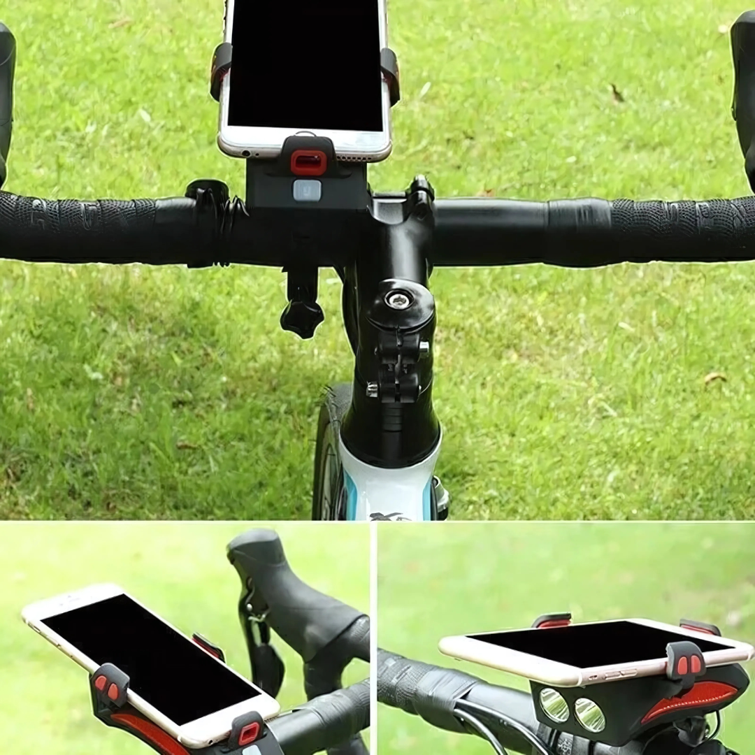 LED-cykellygte med telefonholder, powerbank og horn