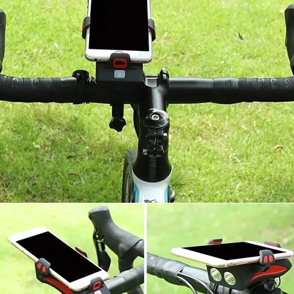 LED-cykellygte med telefonholder, powerbank og horn