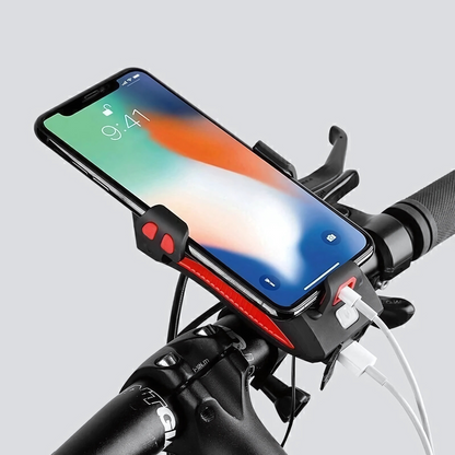 LED-cykellygte med telefonholder, powerbank og horn