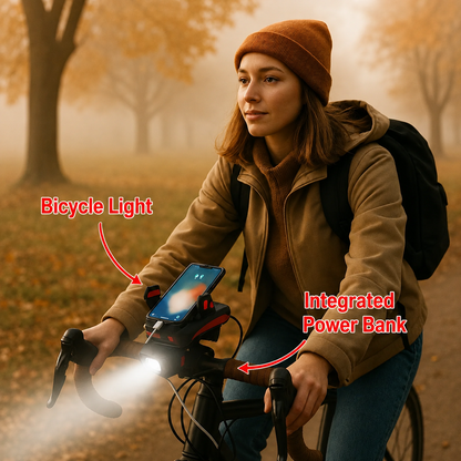 LED-cykellygte med telefonholder, powerbank og horn