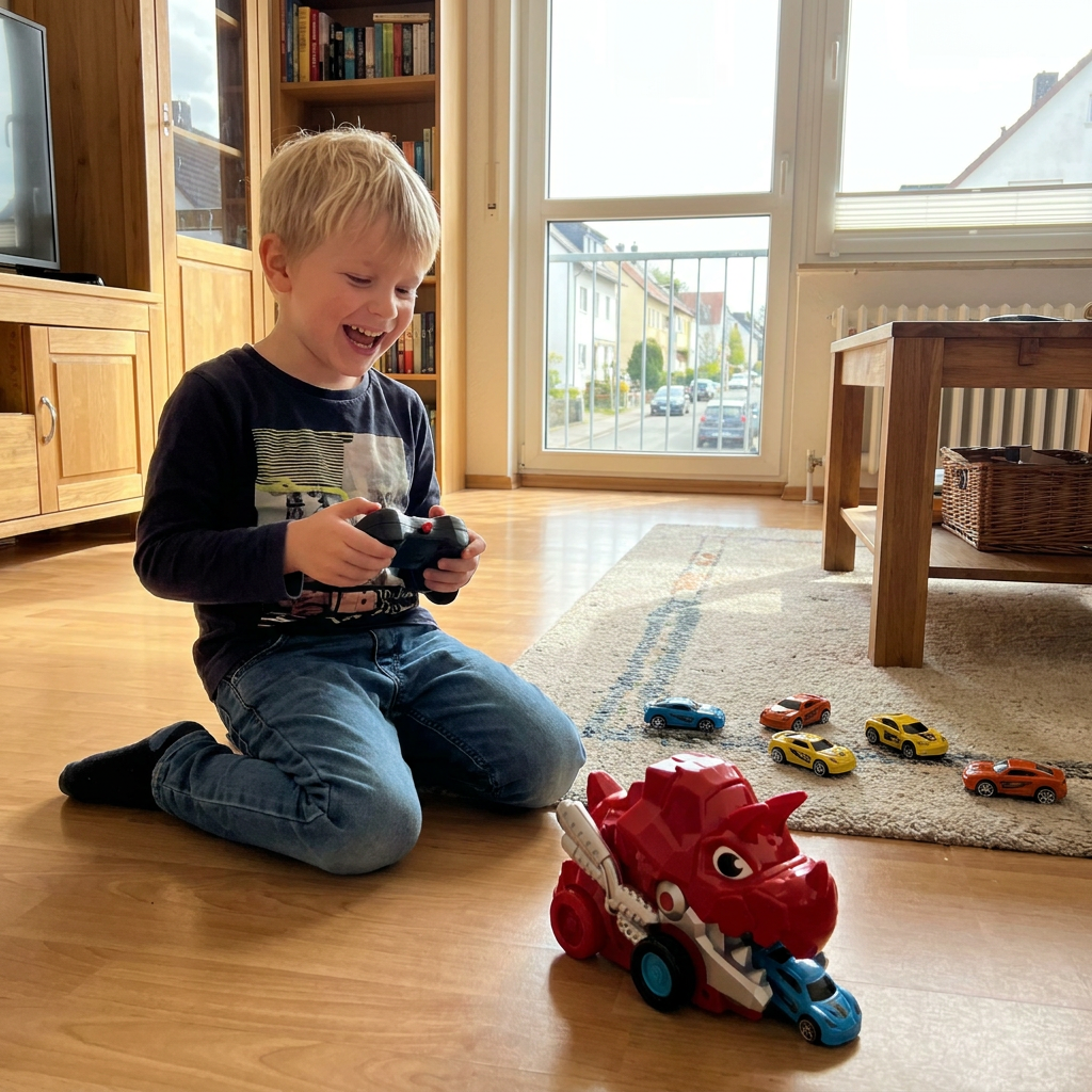 Fjernstyret dinosaur-lastbil med opsamlingsfunktion og legebiler