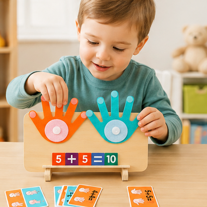 Tællespil i træ med fingre og tal til tidlig matematik
