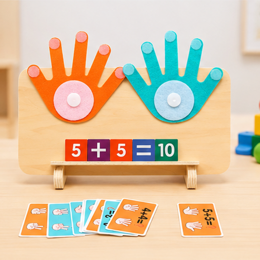 Tællespil i træ med fingre og tal til tidlig matematik