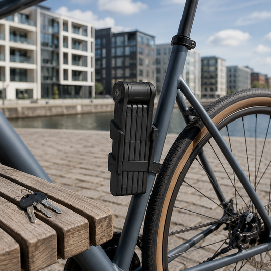 Foldbar cykellås i legeret stål med beslag og tre nøgler