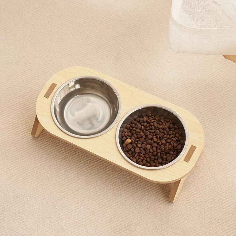 Forhøjet dobbelt foderskål i træ med 2 skåle i rustfrit stål – 500 ml