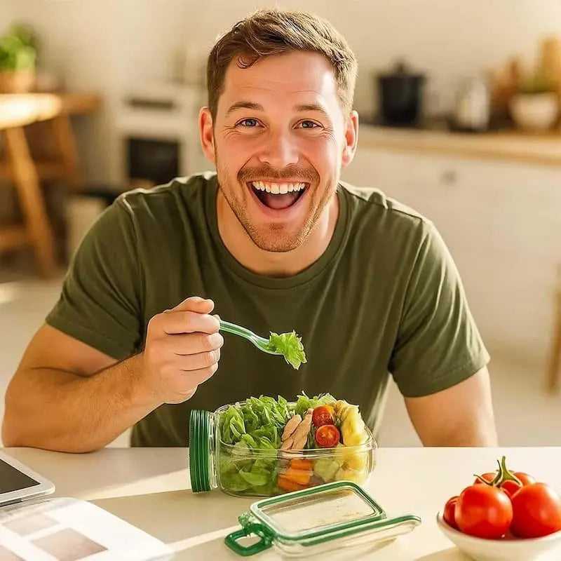 Salatbeholder i glas med sideåbning og tæt skruelåg
