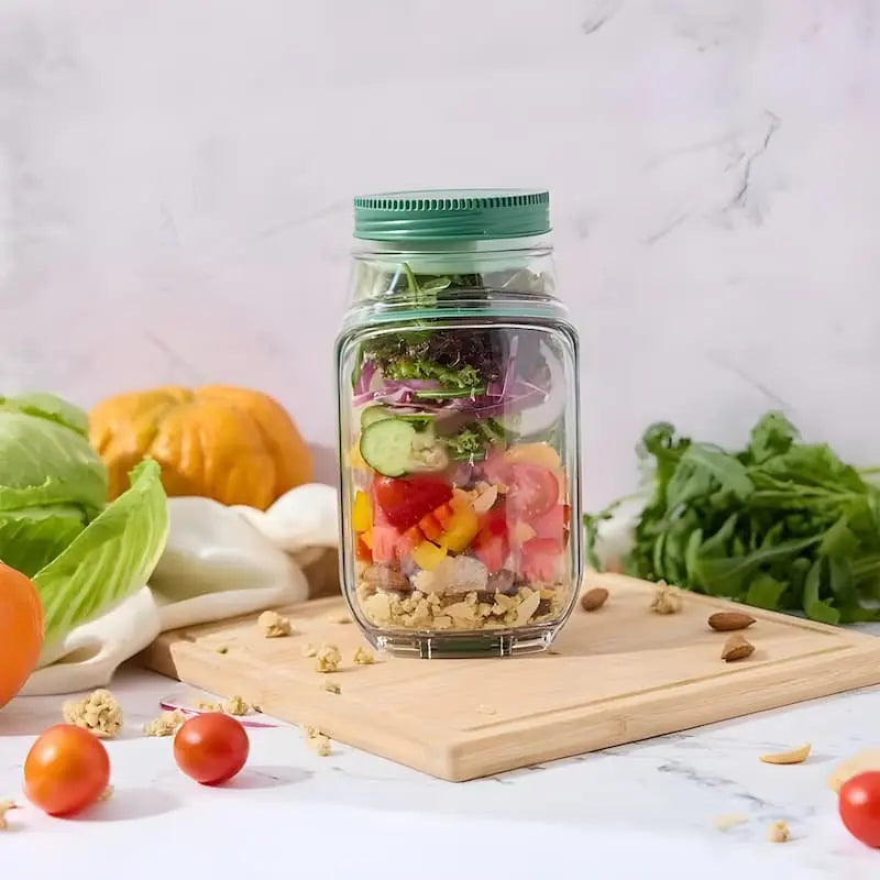 Salatbeholder i glas med sideåbning og tæt skruelåg