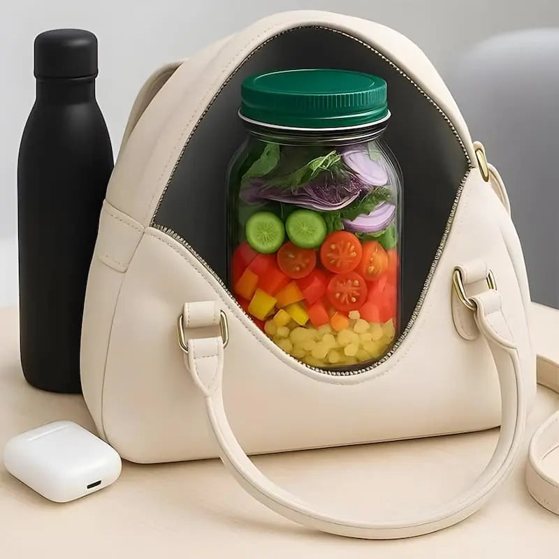 Salatbeholder i glas med sideåbning og tæt skruelåg