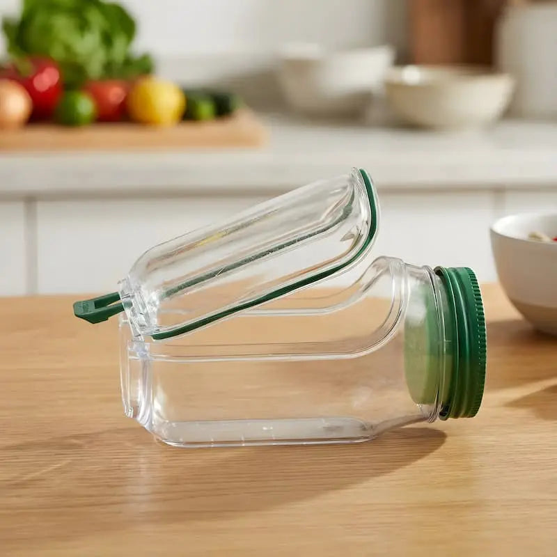 Salatbeholder i glas med sideåbning og tæt skruelåg